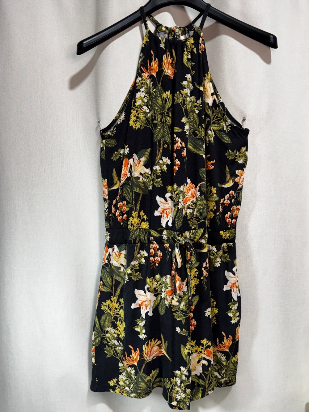 H&M Halter Romper L Botanical Floral Print Drawstring Neckline And Waistline.